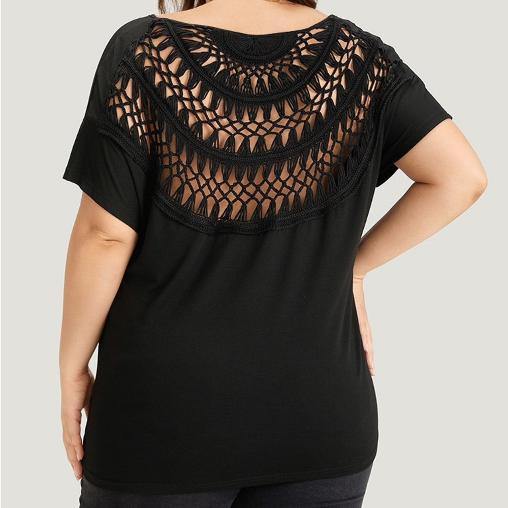 BloomChic Black Short Sleeve Tee with Crochet Back